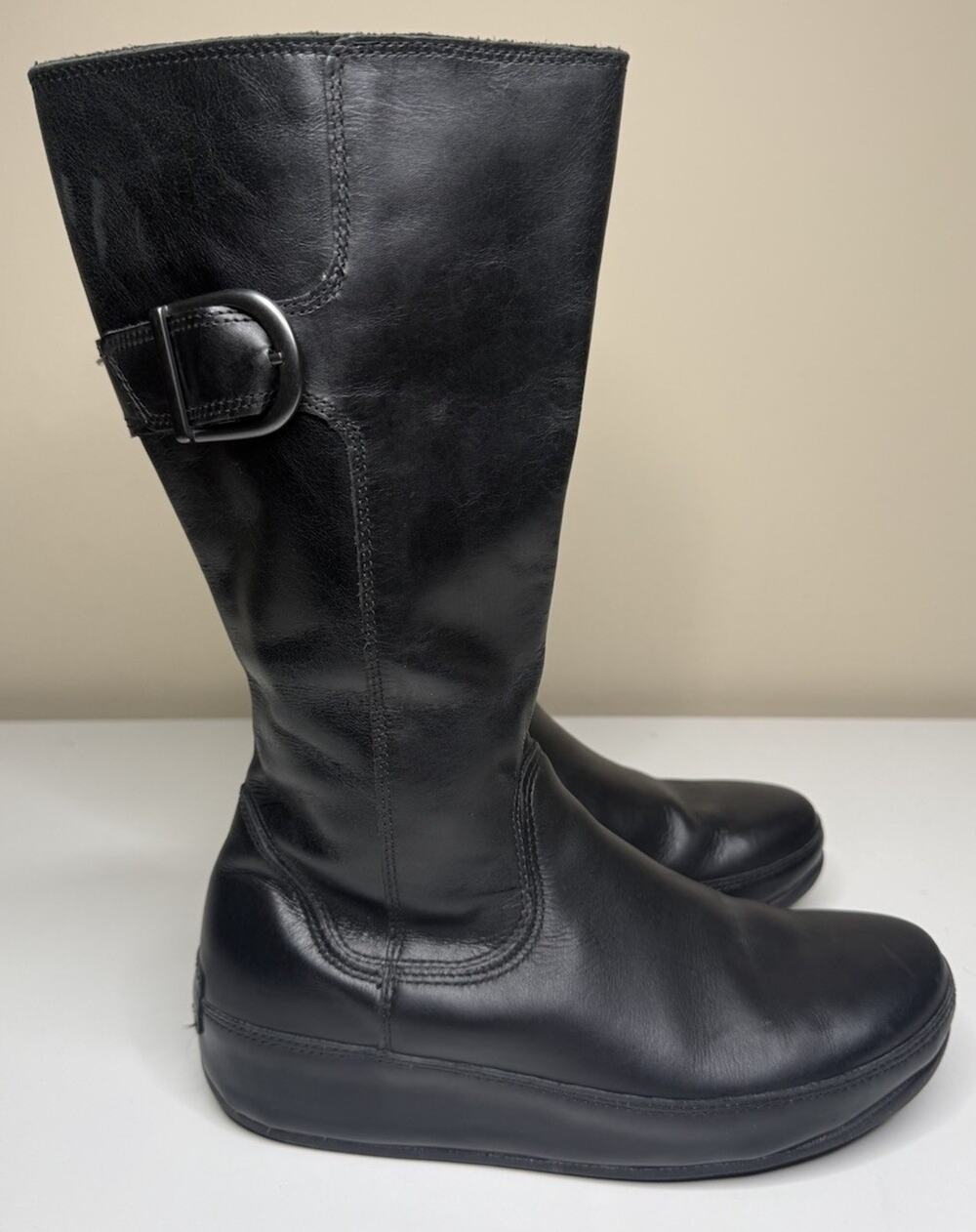 FitFlop Hooper Boot Womens 9 Black Leather Mid Calf Side Zip Wobble Board Wedge